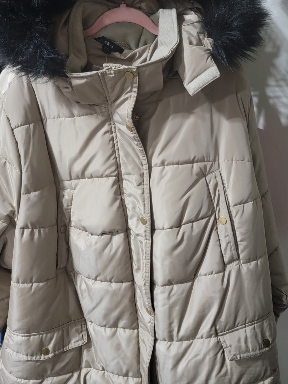 ellos Beige Quilted Puffer Coat with Faux Fur-Trim Hood